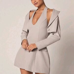 Retro Elegant Hepburn Daughter Style Taupe Solid Color Crop Blazer V-Neck Dress